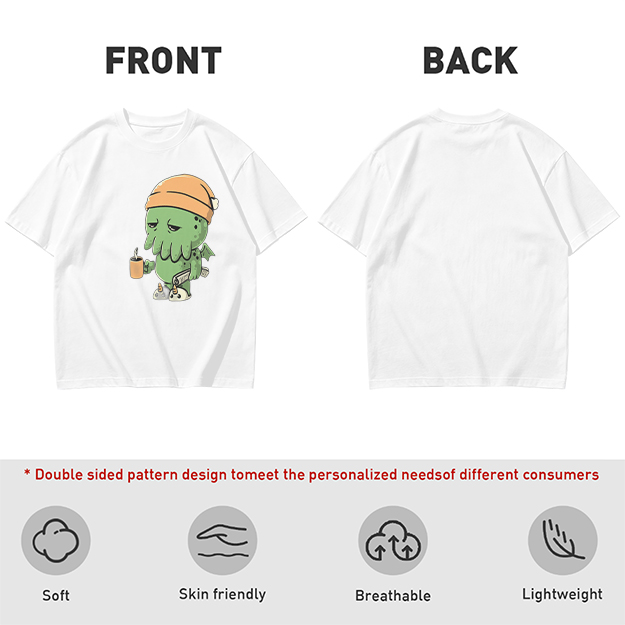 Olive T-Shirt With Sleepy Cthulhu Holding Coffee And Phone
