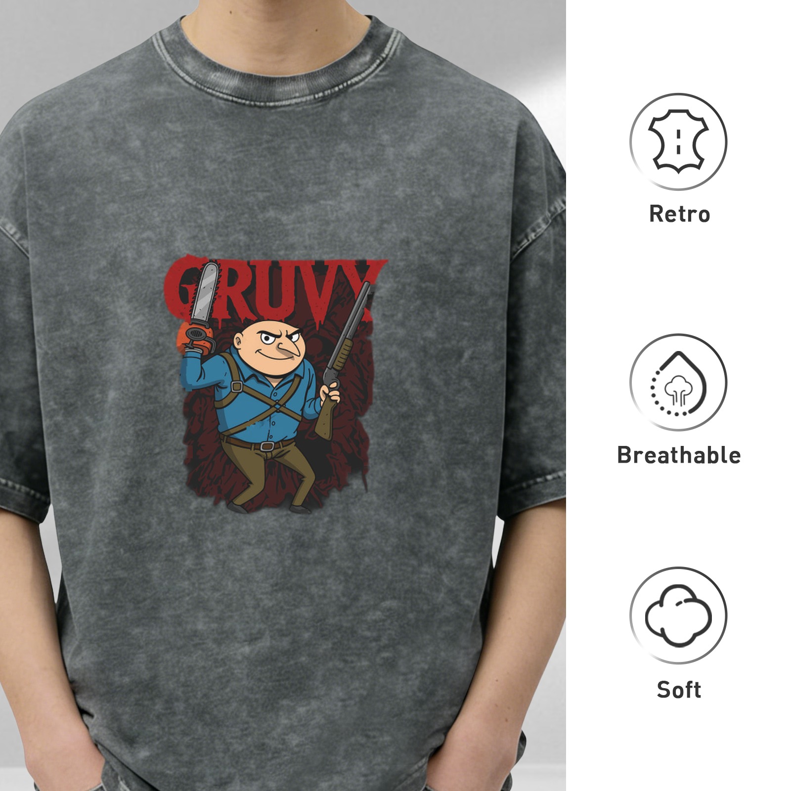 Washed Black T-Shirt With Gruvy Chainsaw Gun Cartoon Print