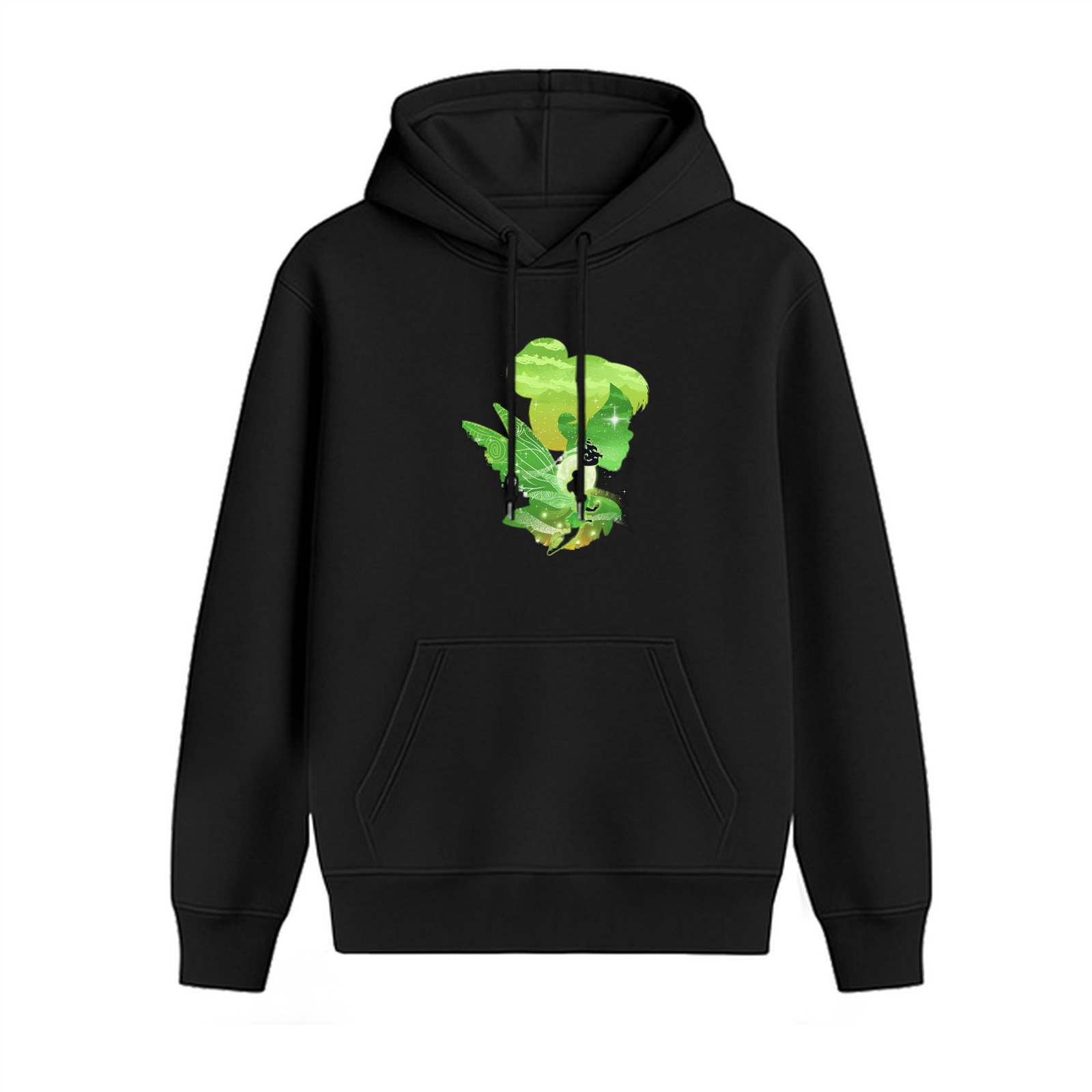 Black Hoodie With Green Tinker Bell Fairy Silhouette Graphic