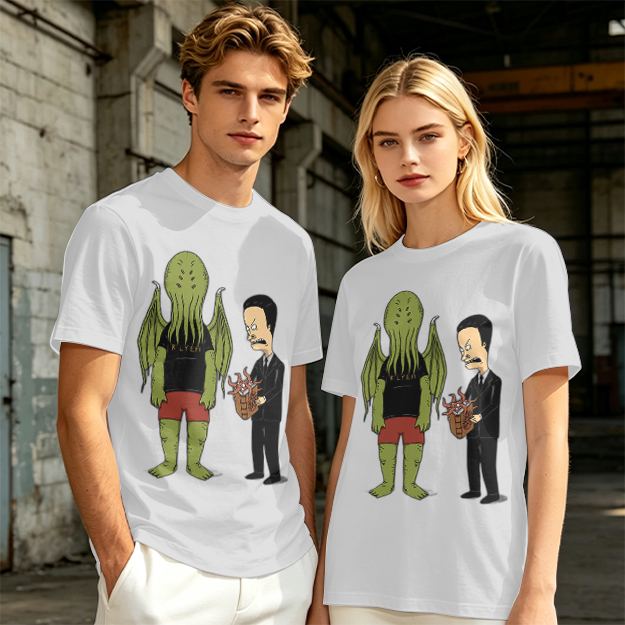 Olive T-Shirt Featuring Cthulhu and Beavis in Suits Graphic