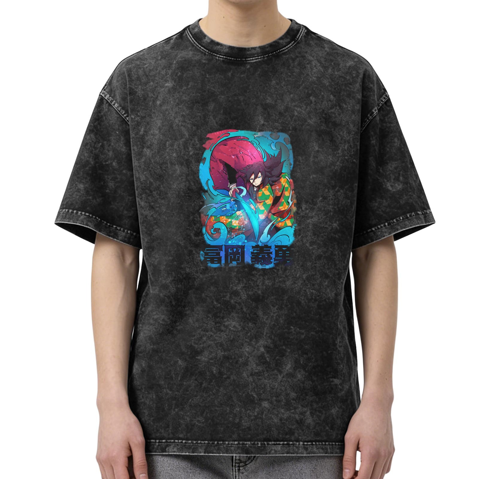 Oversized washed anime graphic t-shirt with water demon slayer character