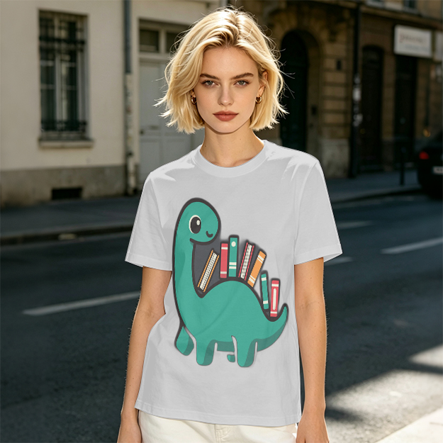 Olive T-shirt with cute dinosaur carrying books graphic