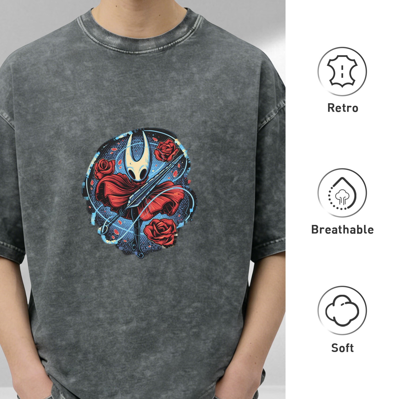 Washed black graphic t-shirt with Hollow Knight Hornet and roses print