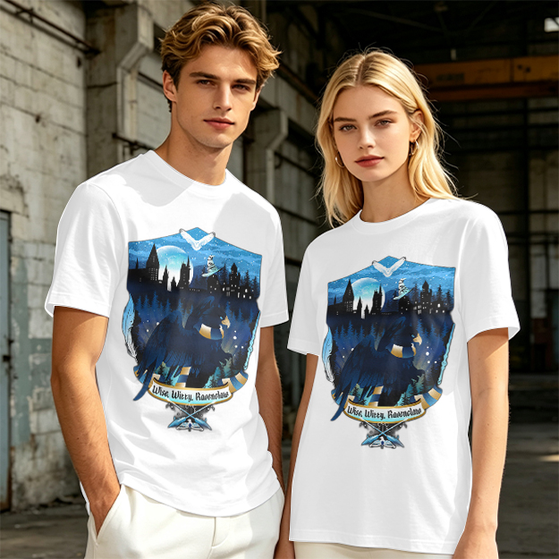 Olive t-shirt with Ravenclaw house crest night castle design
