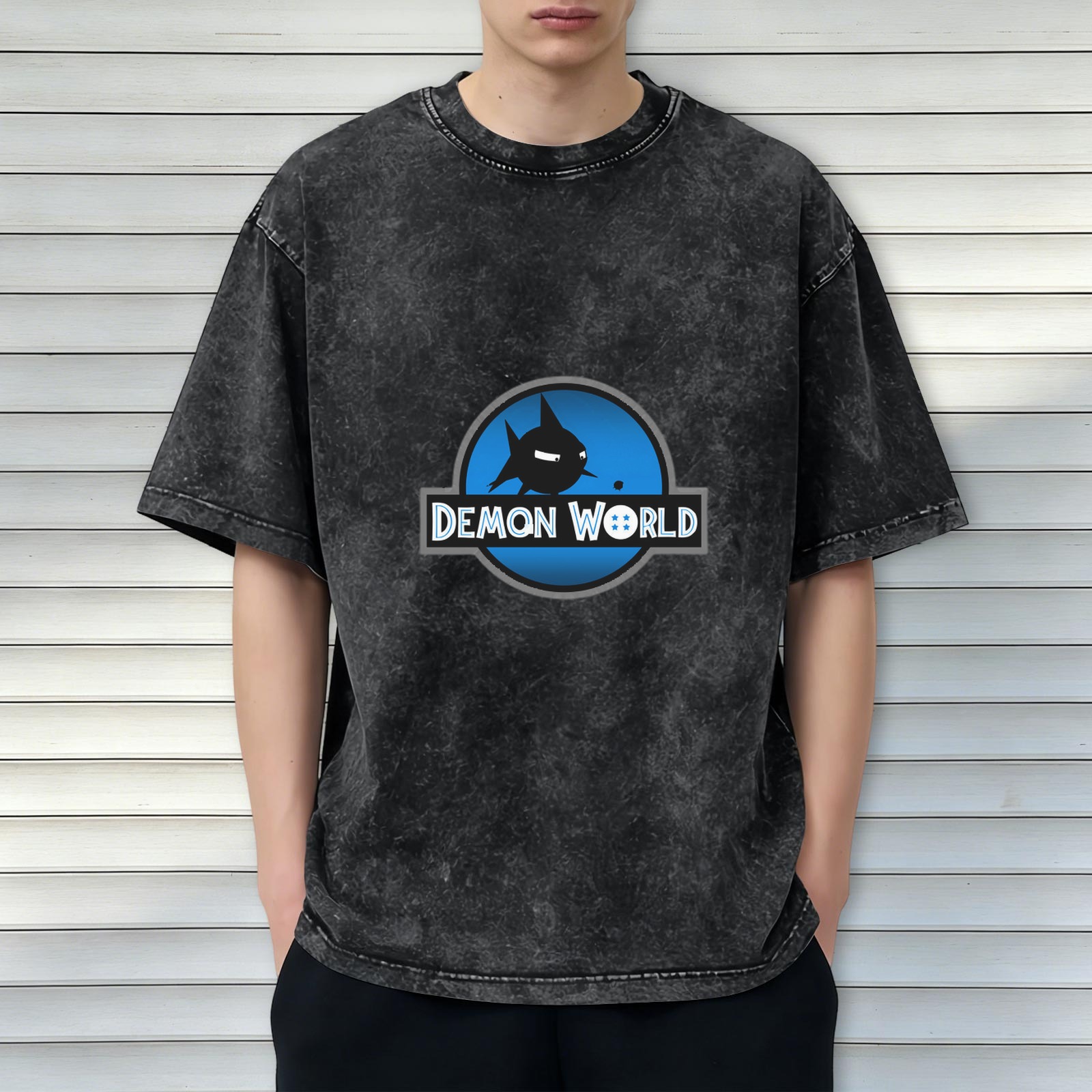 Oversized Acid Wash T-Shirt with Demon World Graphic Print