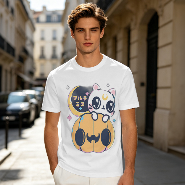 Cute white cat on jack-o'-lantern Halloween graphic tee