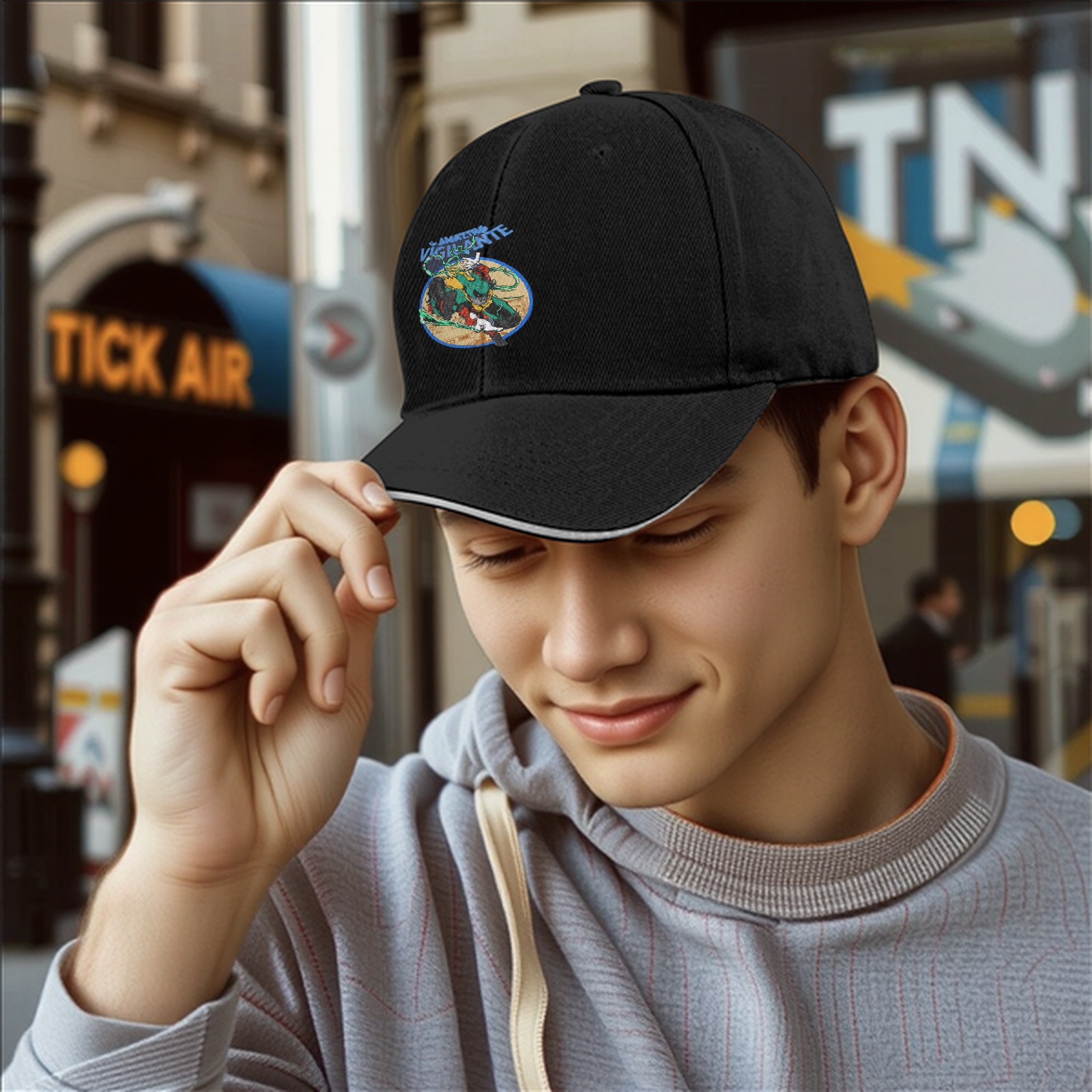 Black baseball cap with vigilante graphic print