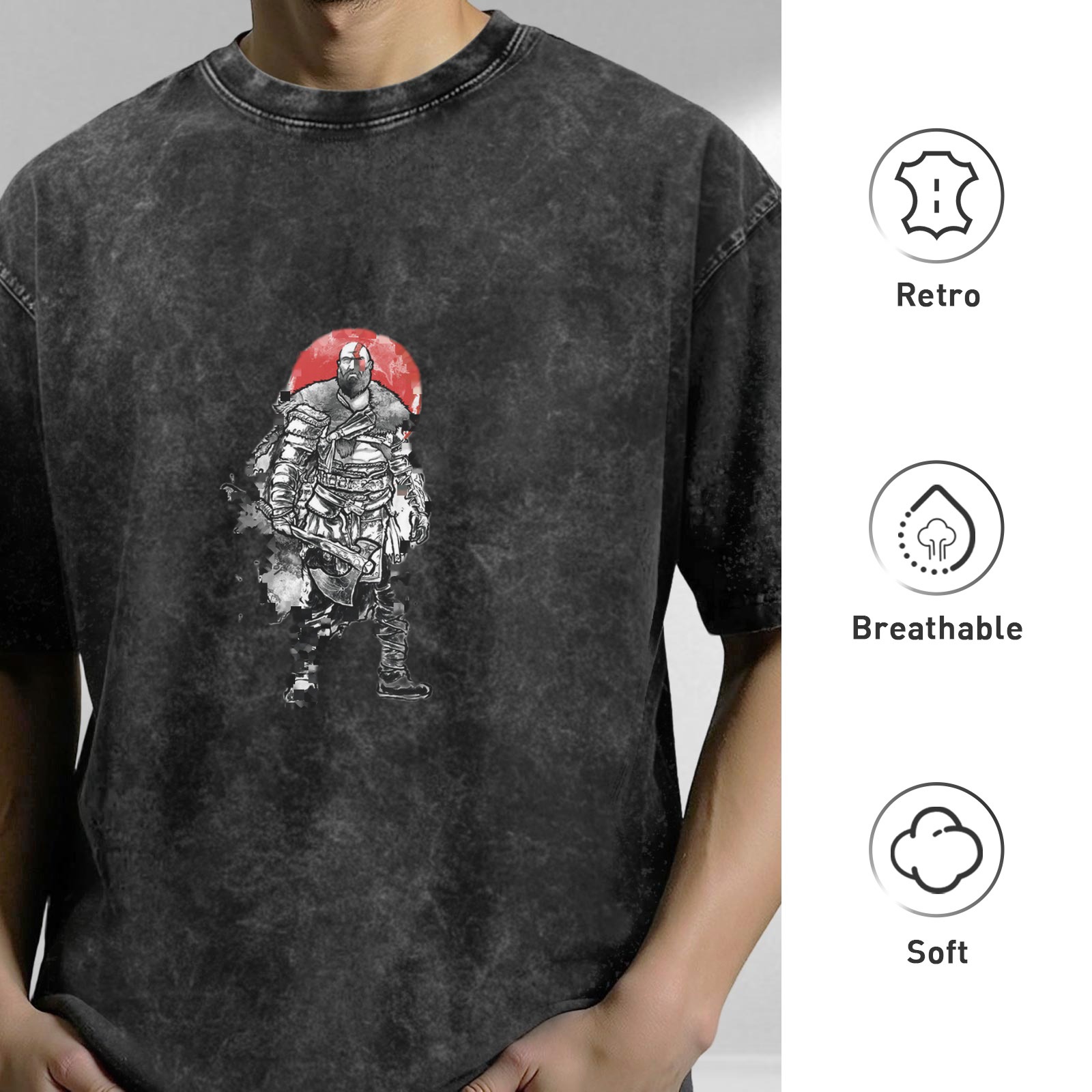 Washed Black Graphic T-Shirt With Spartan Warrior Print
