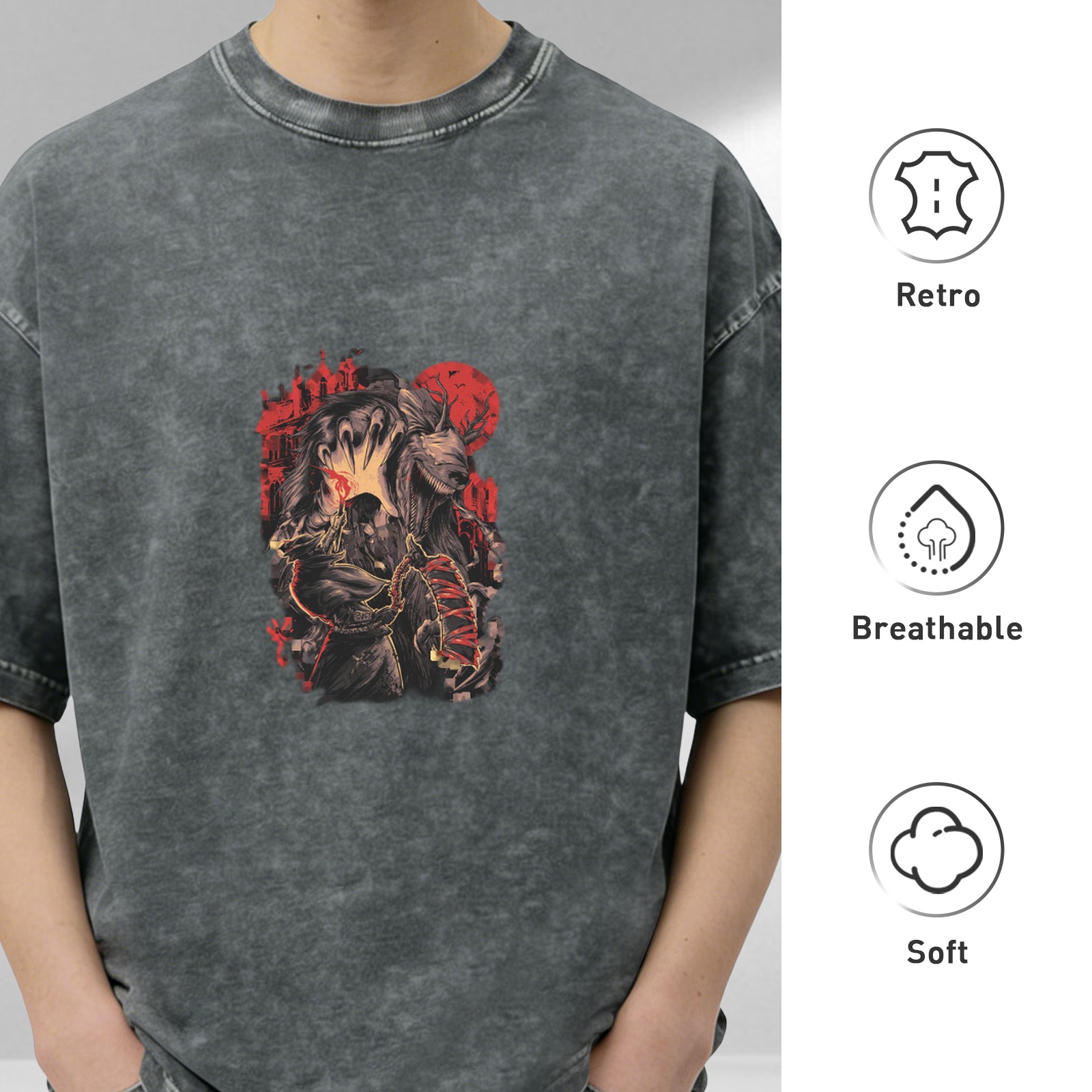 Washed Black Graphic T-Shirt With Dark Fantasy Monster And Red Moon Print