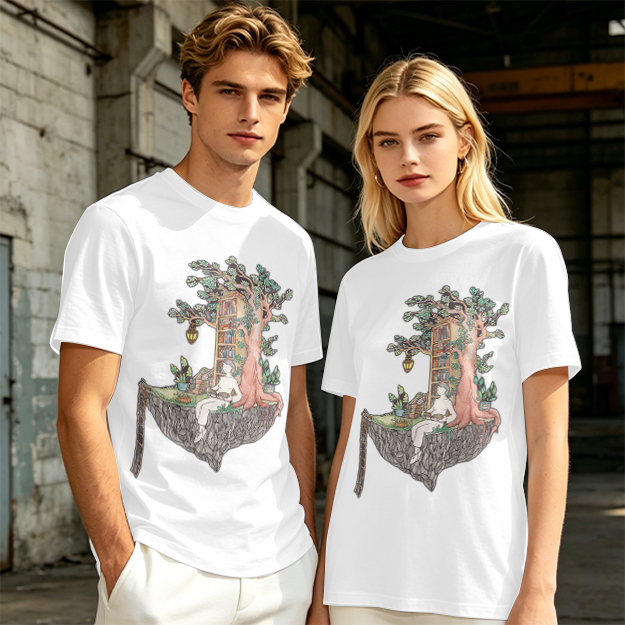 Olive t-shirt with whimsical floating treehouse reading scene print