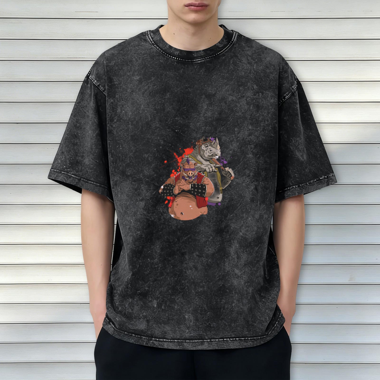 Washed Black Oversized T-Shirt With Bebop And Rocksteady Graphic