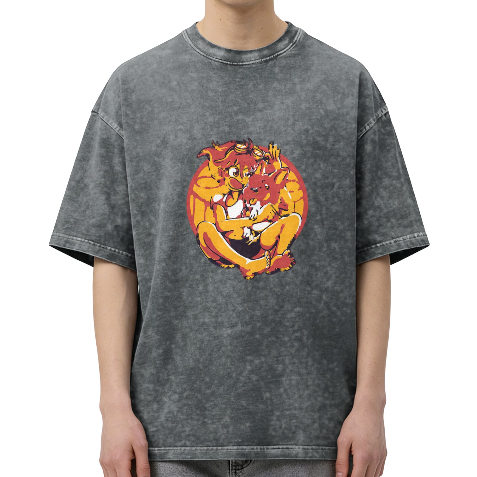 Washed black graphic t-shirt with anime-style character and animal print