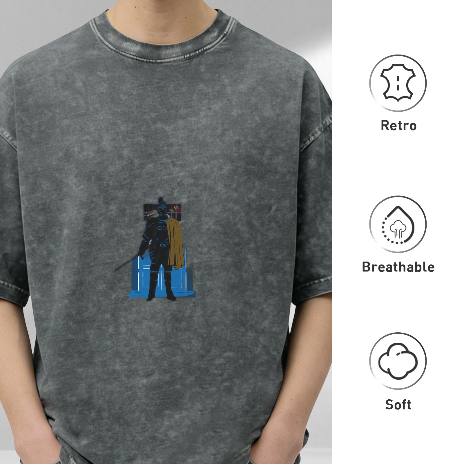 Washed Black Oversized T-Shirt with Superhero Graphic Print