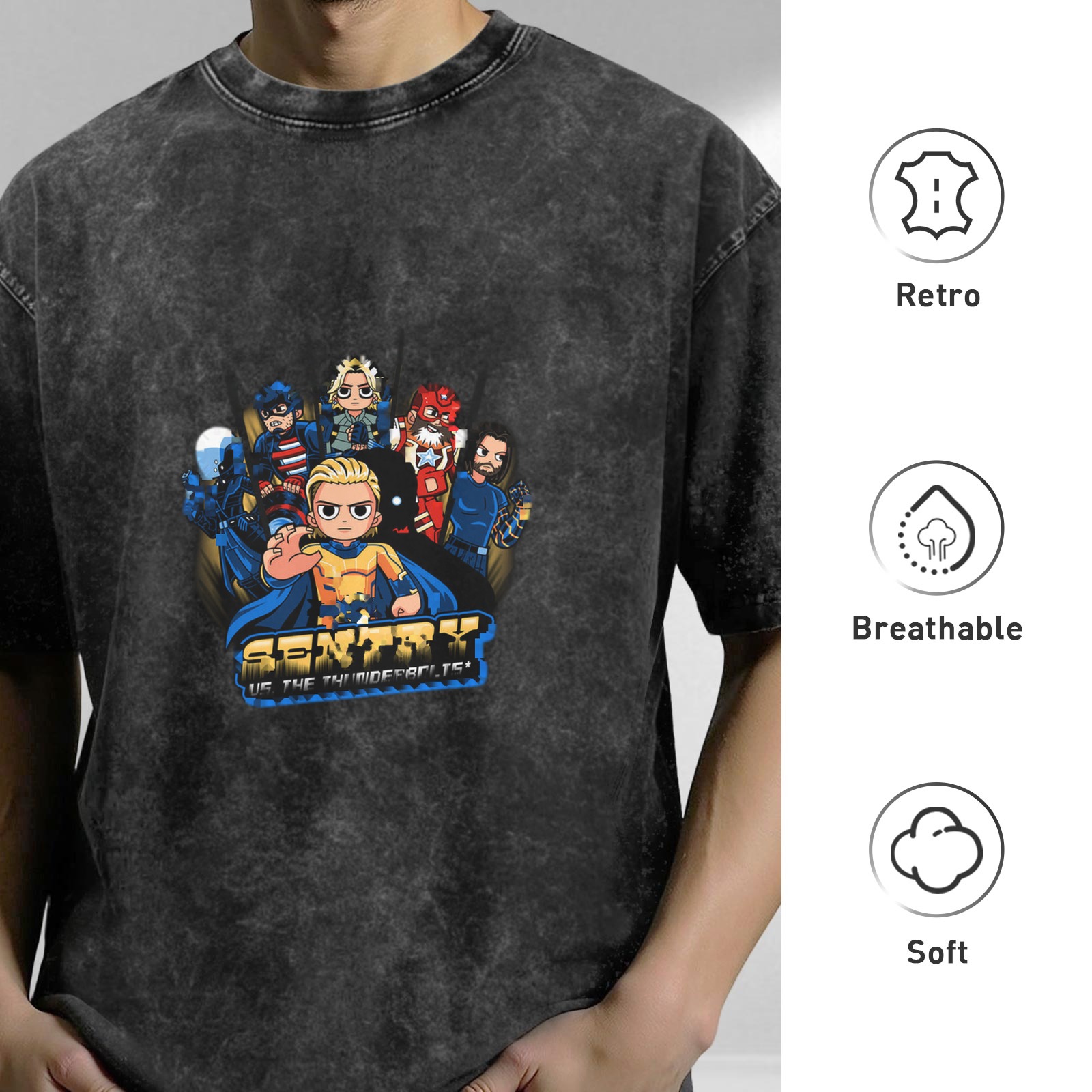 Sentry vs Thunderbolts Chibi Graphic Washed Black Oversized T-Shirt