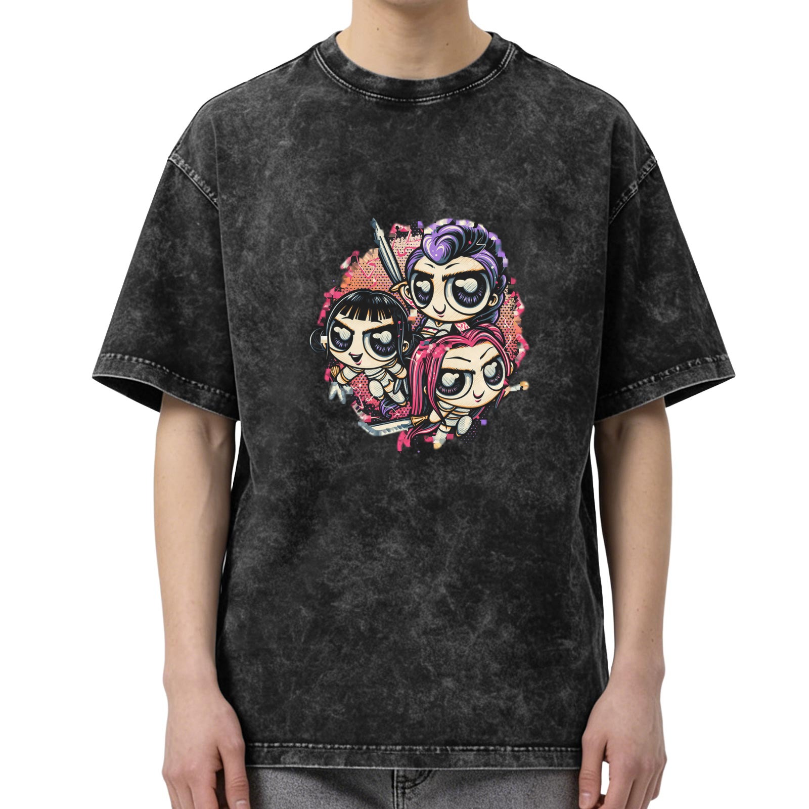 Distressed washed black cartoon print short-sleeved T-shirt