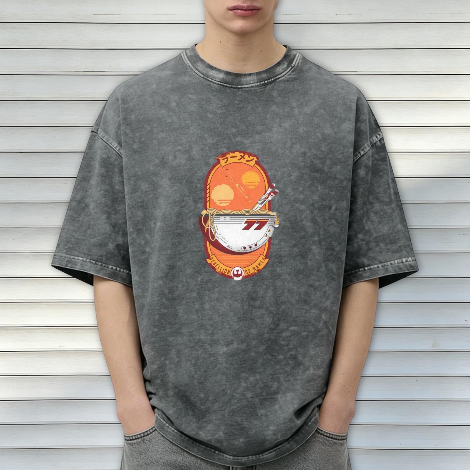 Oversized Dark Wash T-Shirt With Racer Ramen Graphic