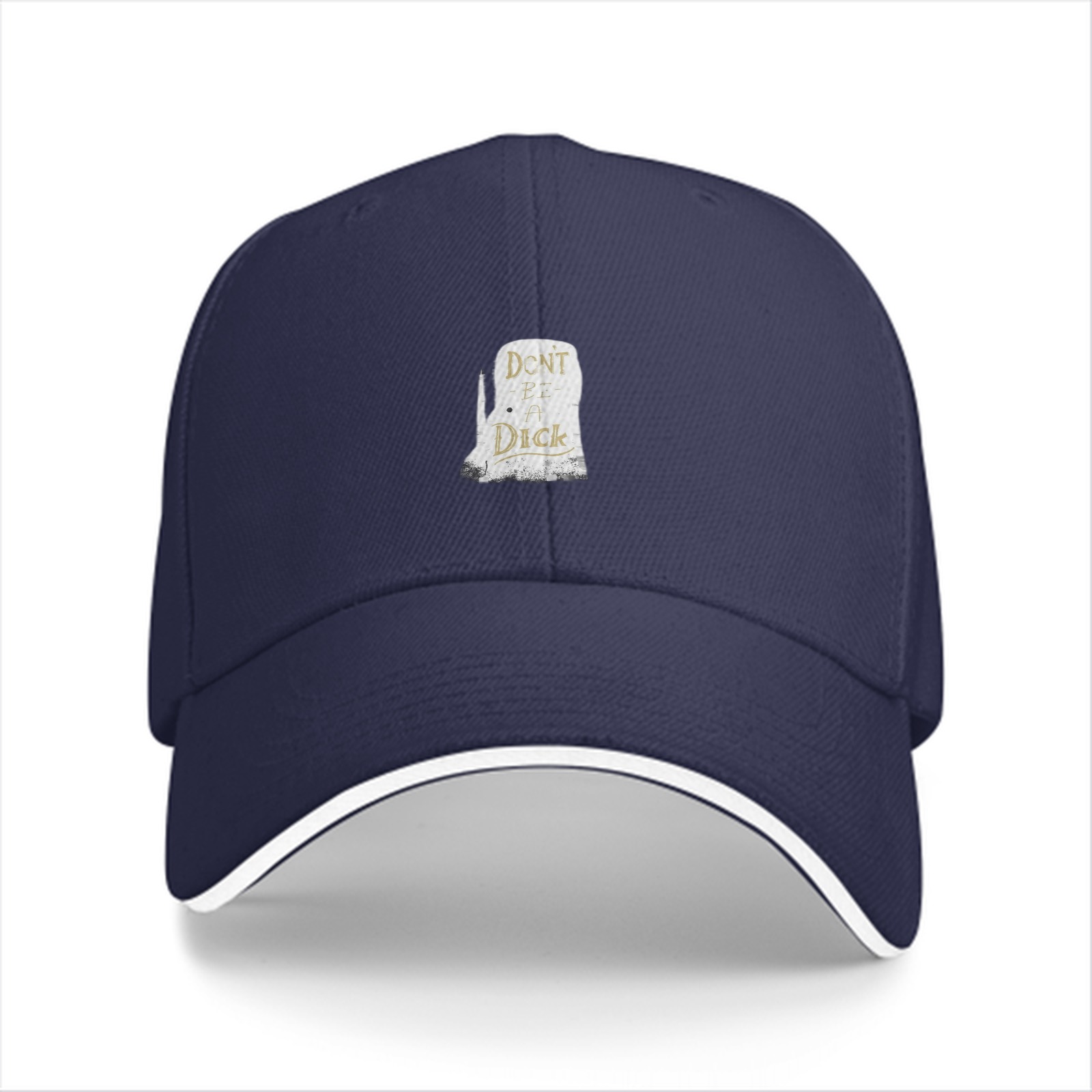 Black baseball cap with humorous tombstone graphic print
