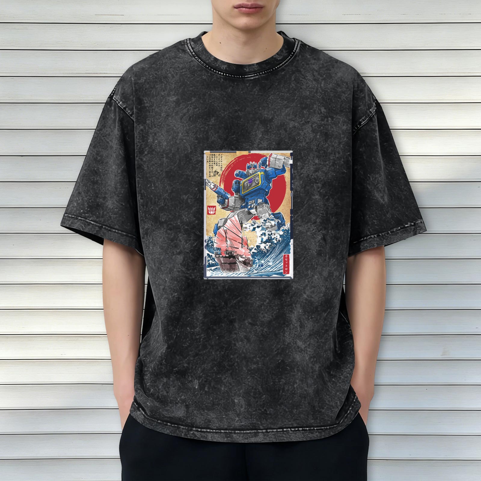 Retro washed black loose short-sleeved T-shirt Ukiyo-e Transformers sonic print