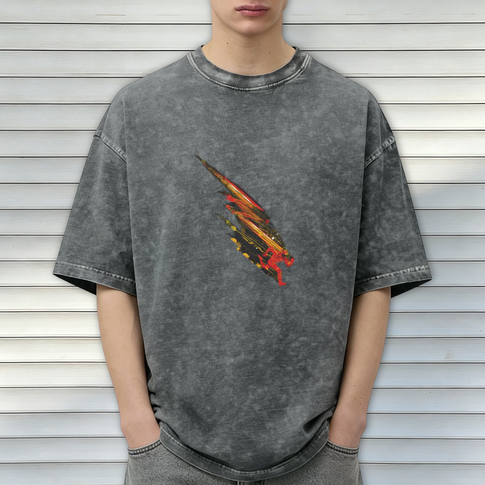 Oversized acid wash t-shirt with speedster running graphic