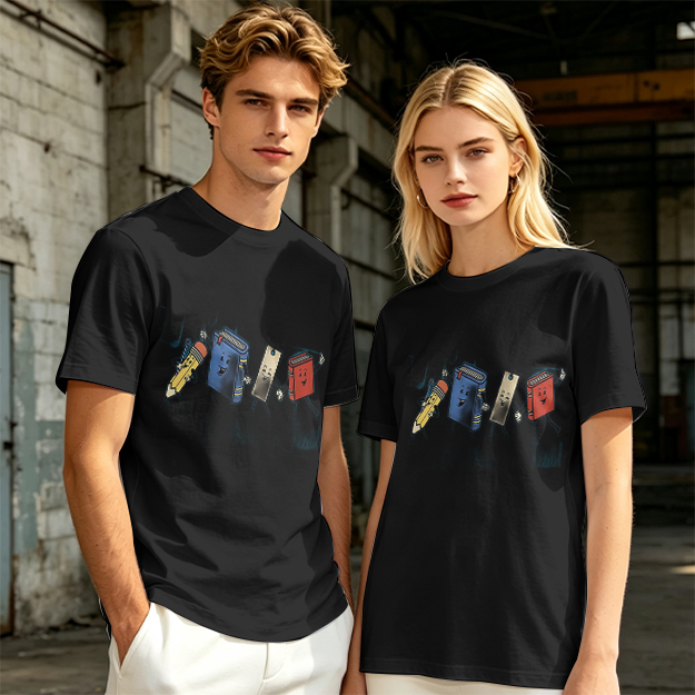 Olive Green T-Shirt with Cartoon School Supplies Graphic
