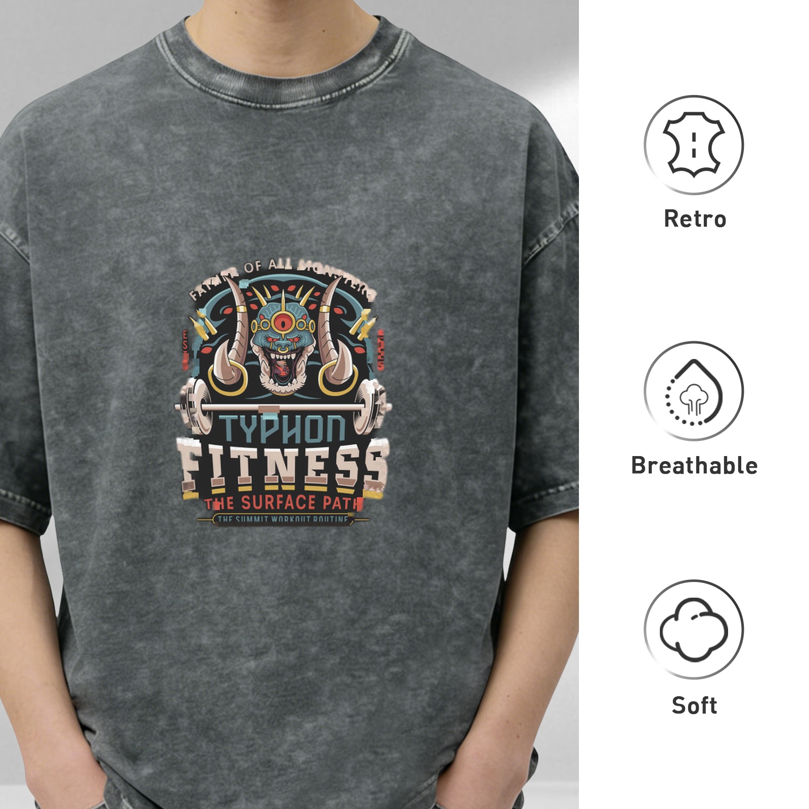 Washed Black Gym T-Shirt With Typhon Fitness Monster Graphic