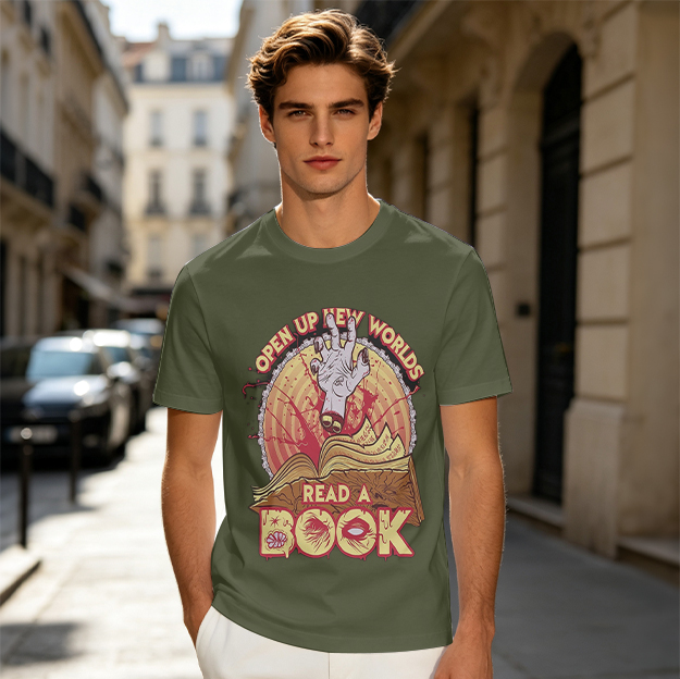 Olive Graphic Tee With Open Book and Zombie Hand Artwork
