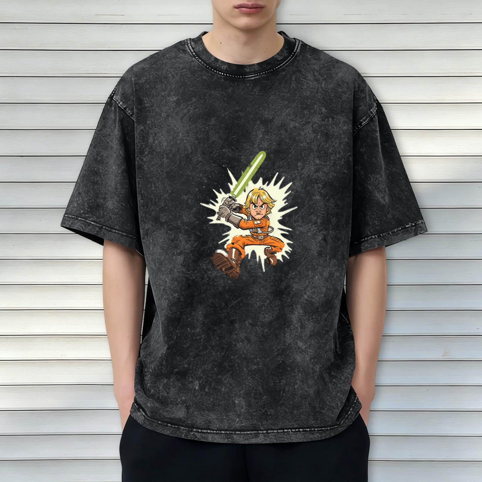 Washed Black T-Shirt With Cartoon Luke Skywalker Lightsaber Print