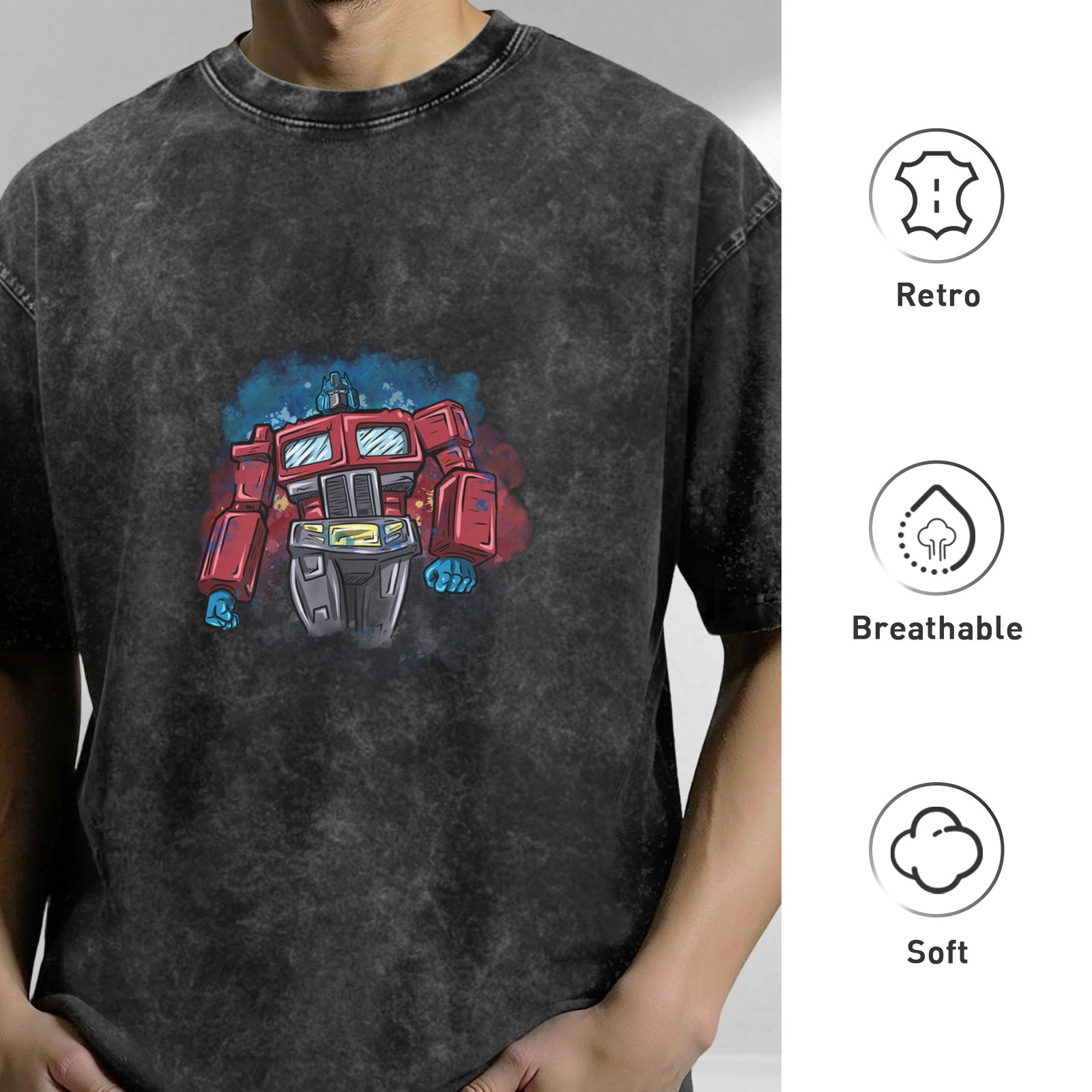 Washed Black T-Shirt With Retro Robot Graphic Print