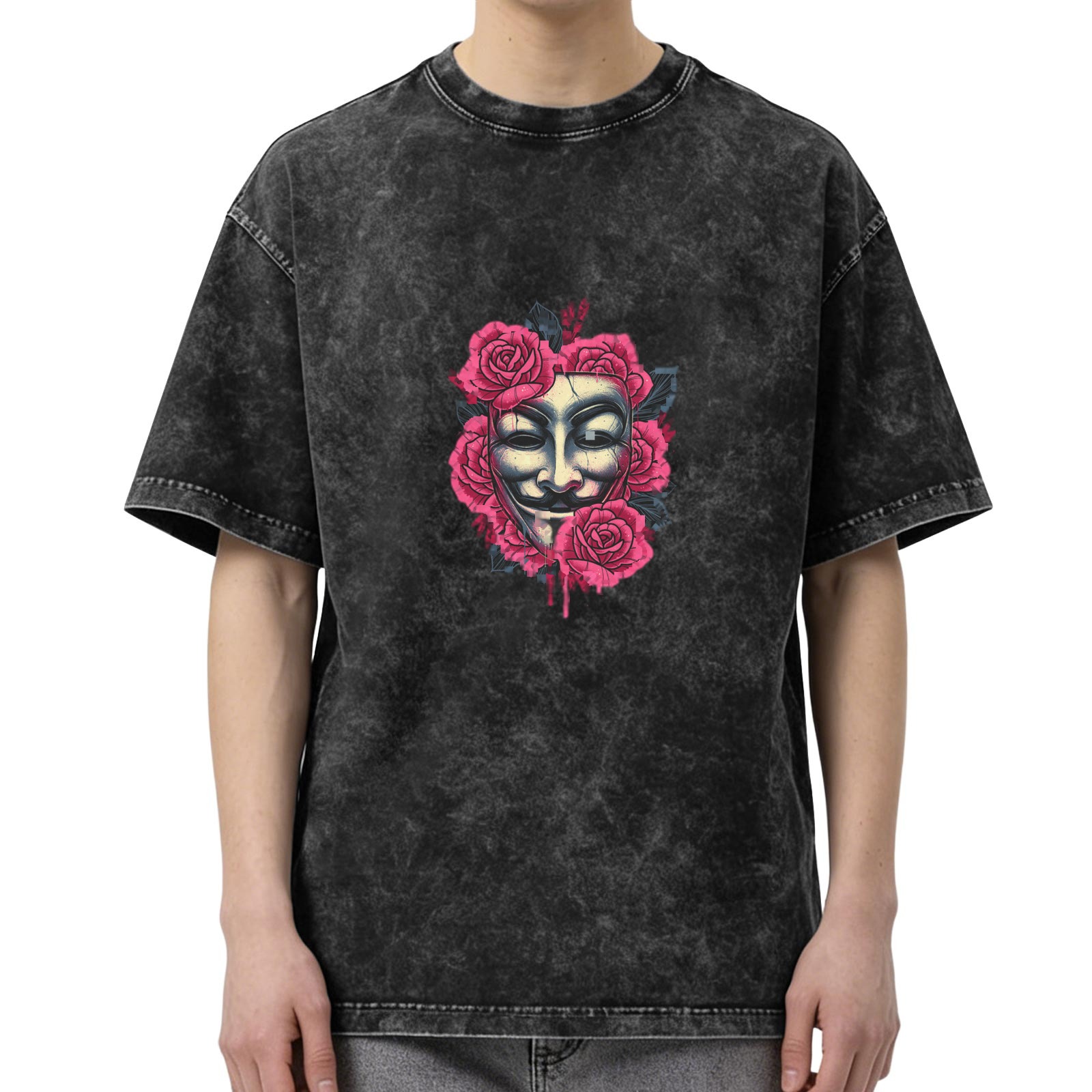 Washed black graphic t-shirt with Guy Fawkes mask and pink roses print