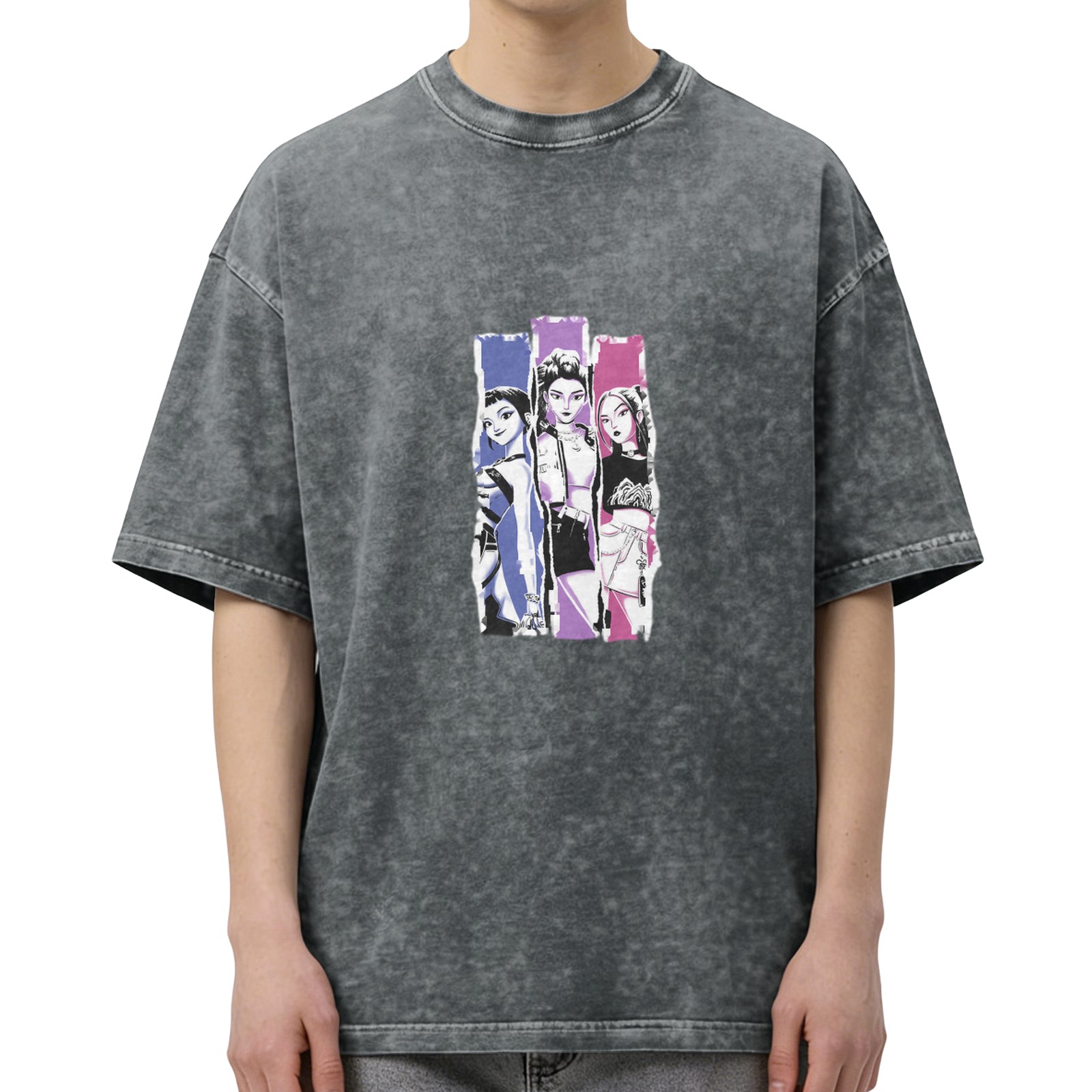 Oversized Acid Wash T-Shirt With Three Anime Girl Graphic Print