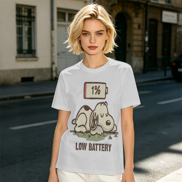 Olive T-Shirt With Tired Dog 1% Battery Graphic Print