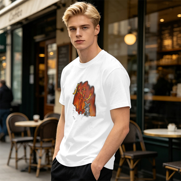 Olive T-shirt with Cartoon Demon and Wizard Fantasy Print