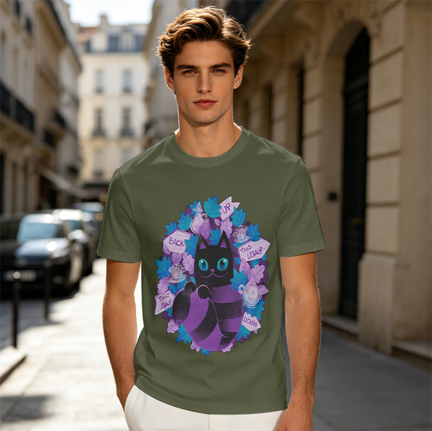 Olive T-Shirt With Whimsical Cheshire Cat Wonderland Art