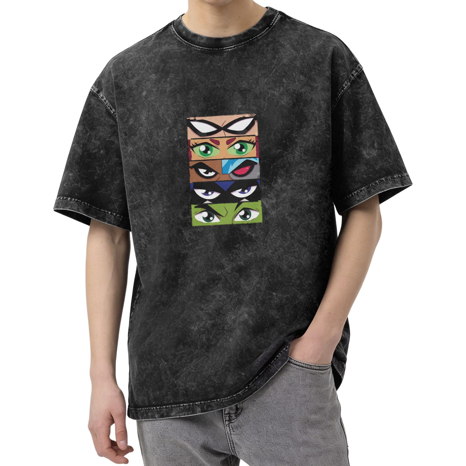 Teen Titans Eyes Graphic Oversized Acid Wash T-Shirt