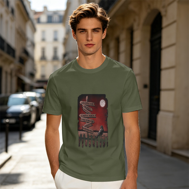 Horror Fiction Town Signpost Graphic Olive Green T-Shirt