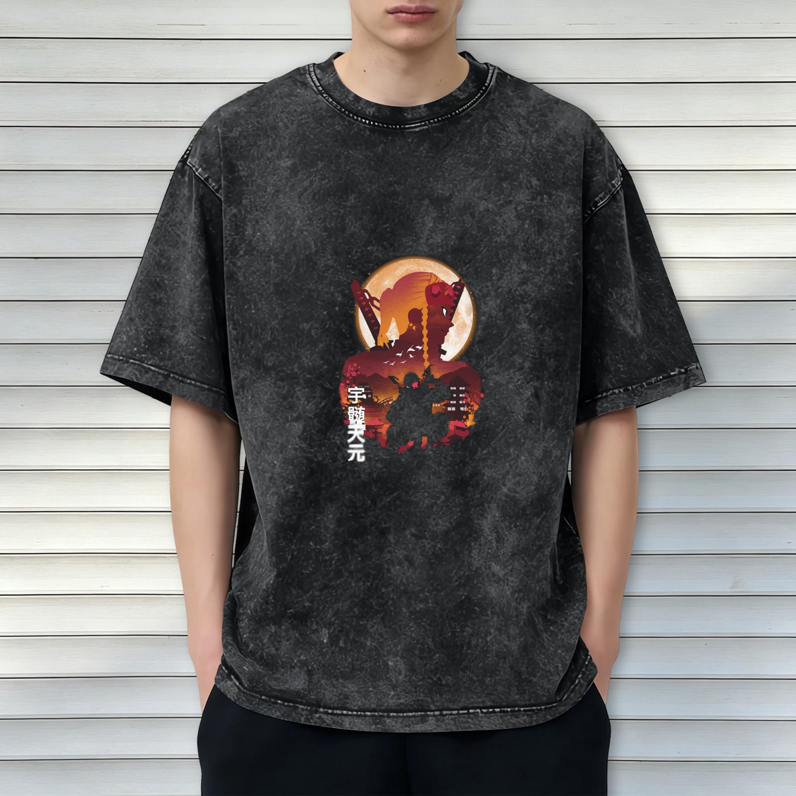 Demon Slayer: Kimetsu no Yaiba Umui Tengen themed distressed washed black short-sleeved T-shirt