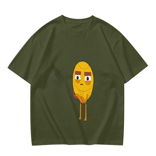 Olive T-Shirt With Sad Yellow Cartoon Character Print