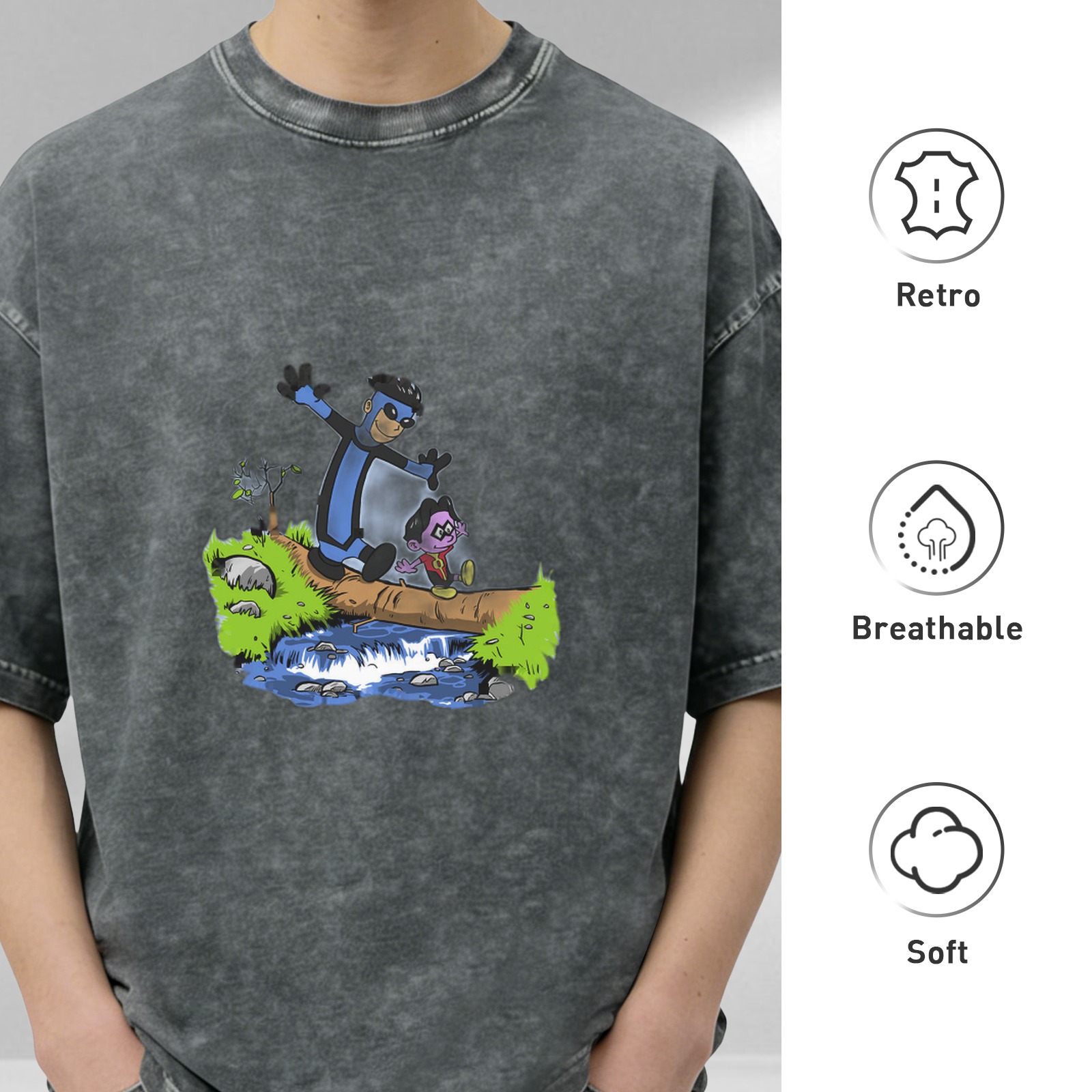 Oversized acid wash t-shirt with cartoon characters crossing a log over a stream