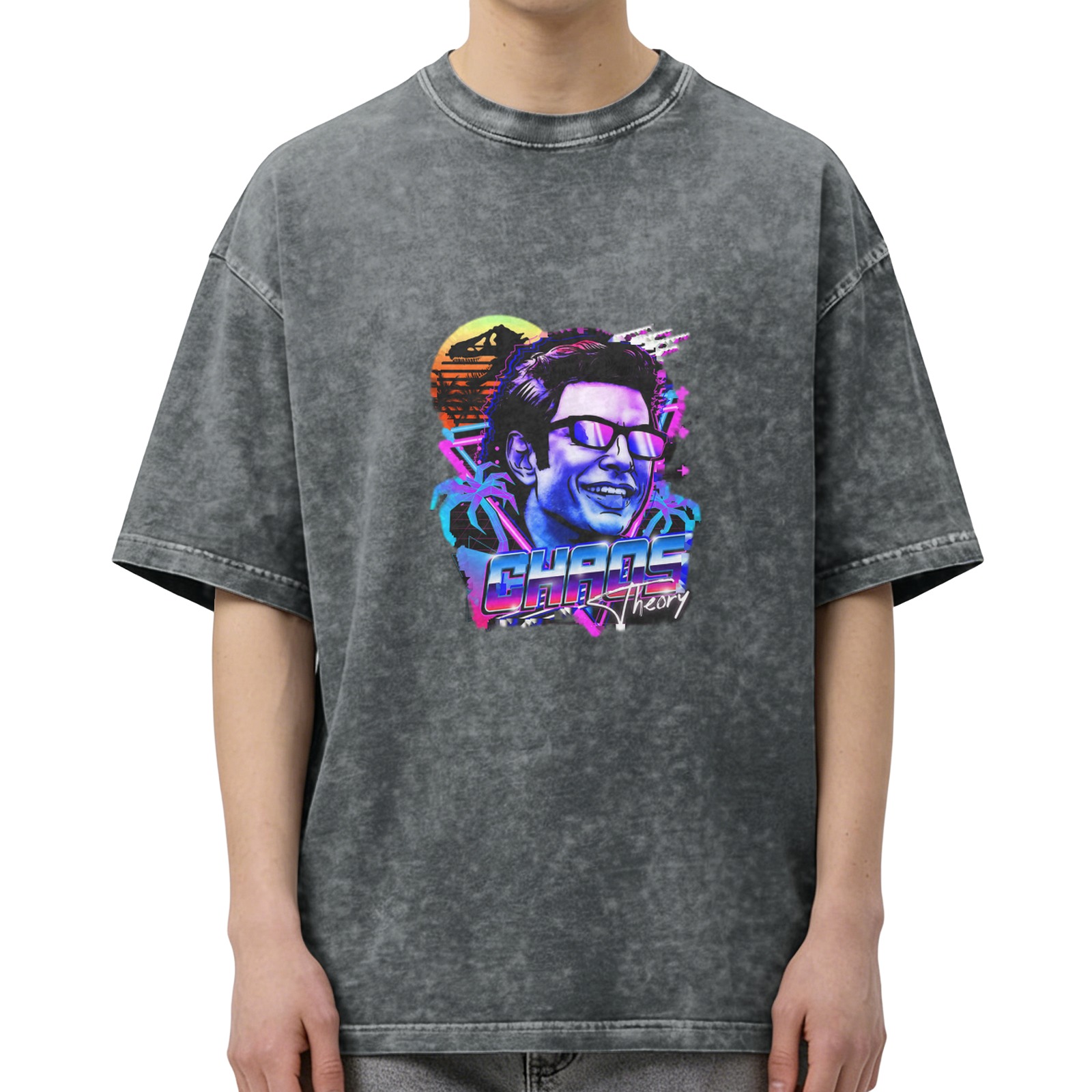 Retro vaporwave Chaos Theory print washed black loose short-sleeved T-shirt