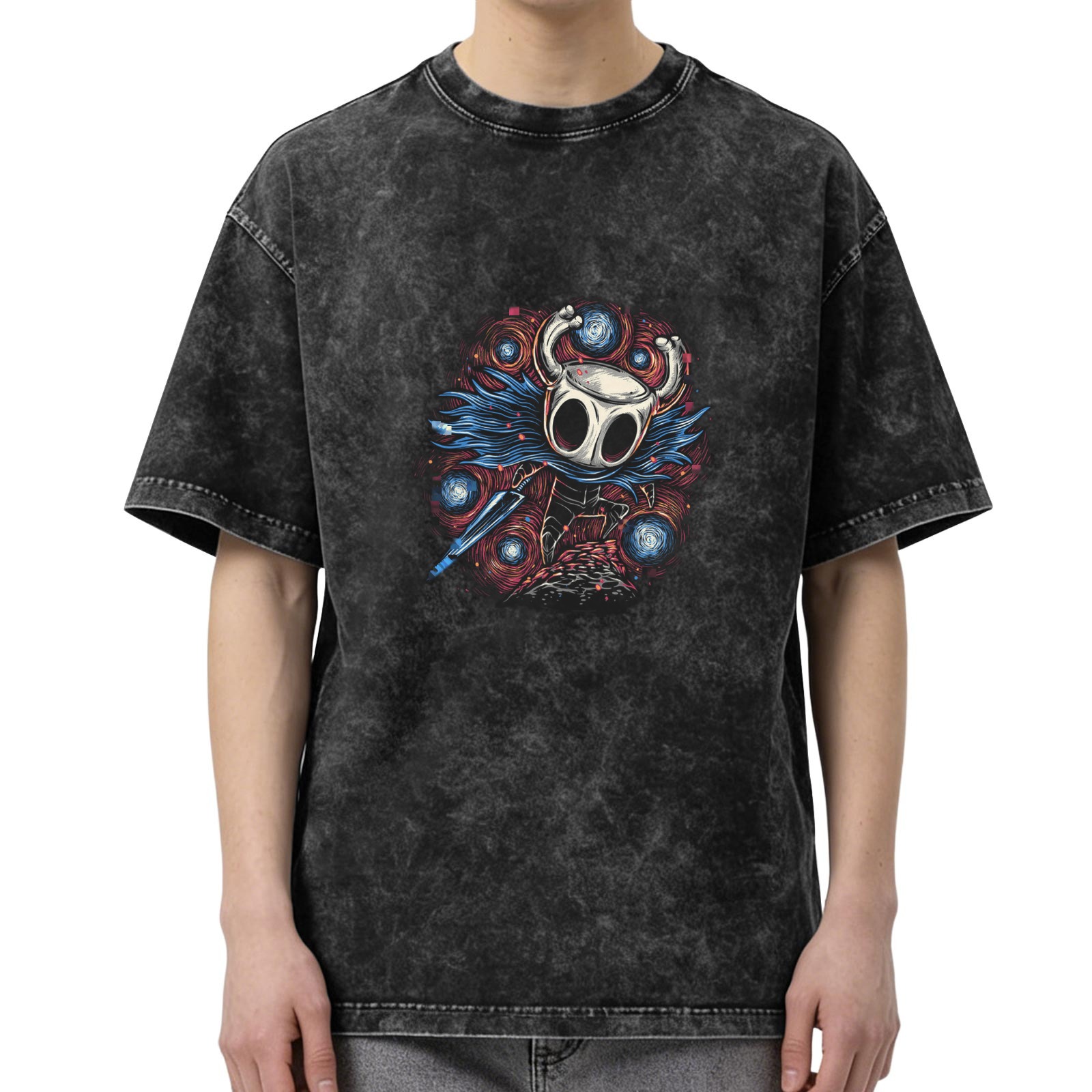 Oversized Dark Wash T-Shirt With Hollow Knight Artwork Print