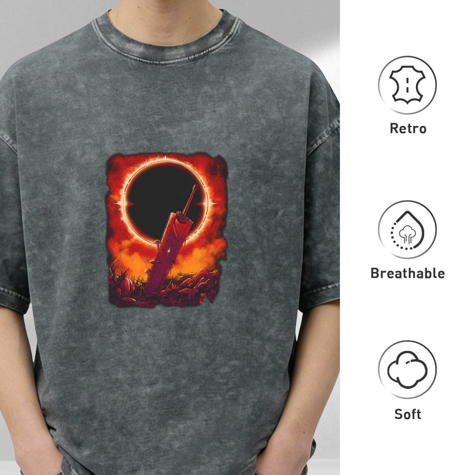 Distressed black loose short-sleeved T-shirt with solar eclipse sword pattern printed on the chest