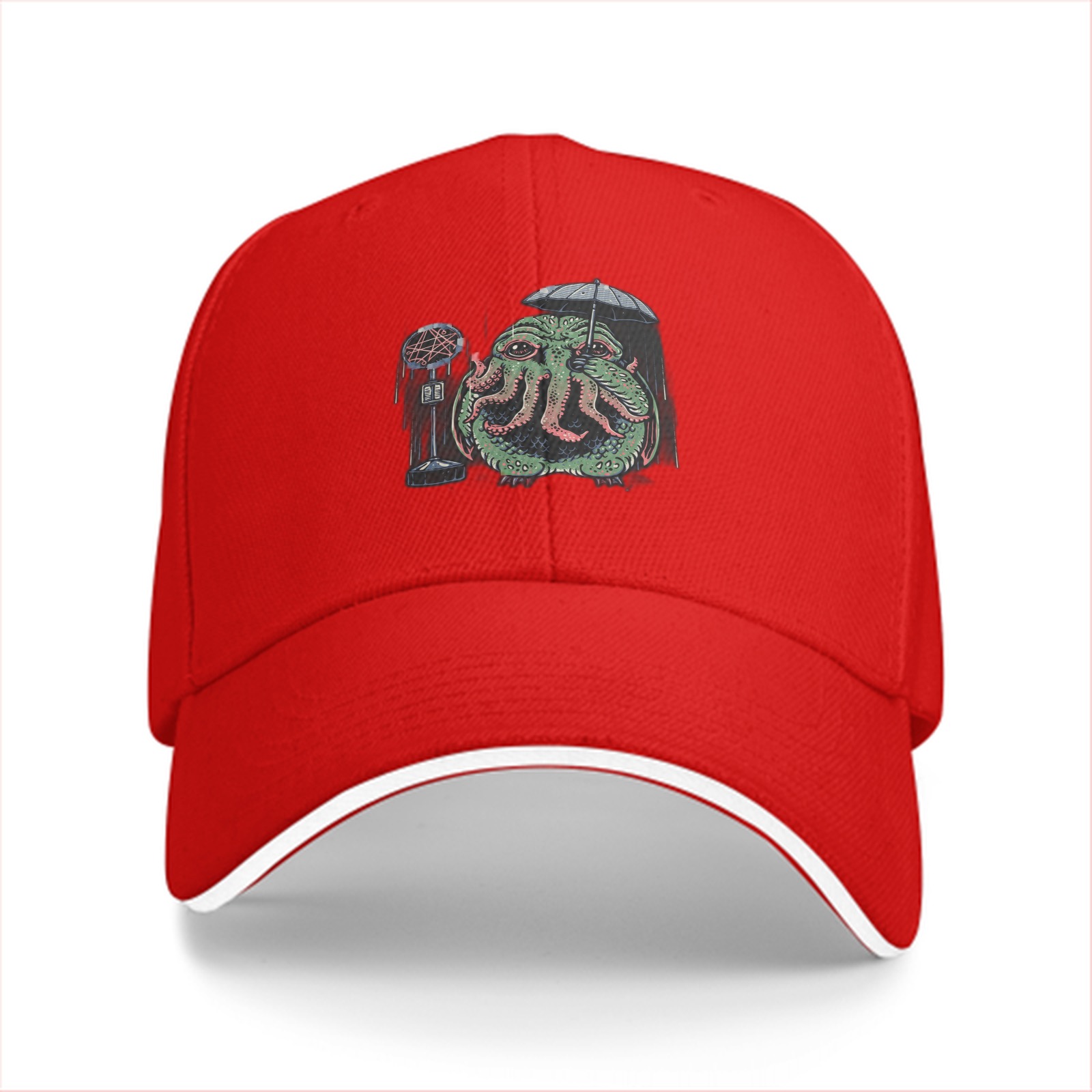 Black Baseball Cap With Cthulhu Holding Umbrella Microphone Print