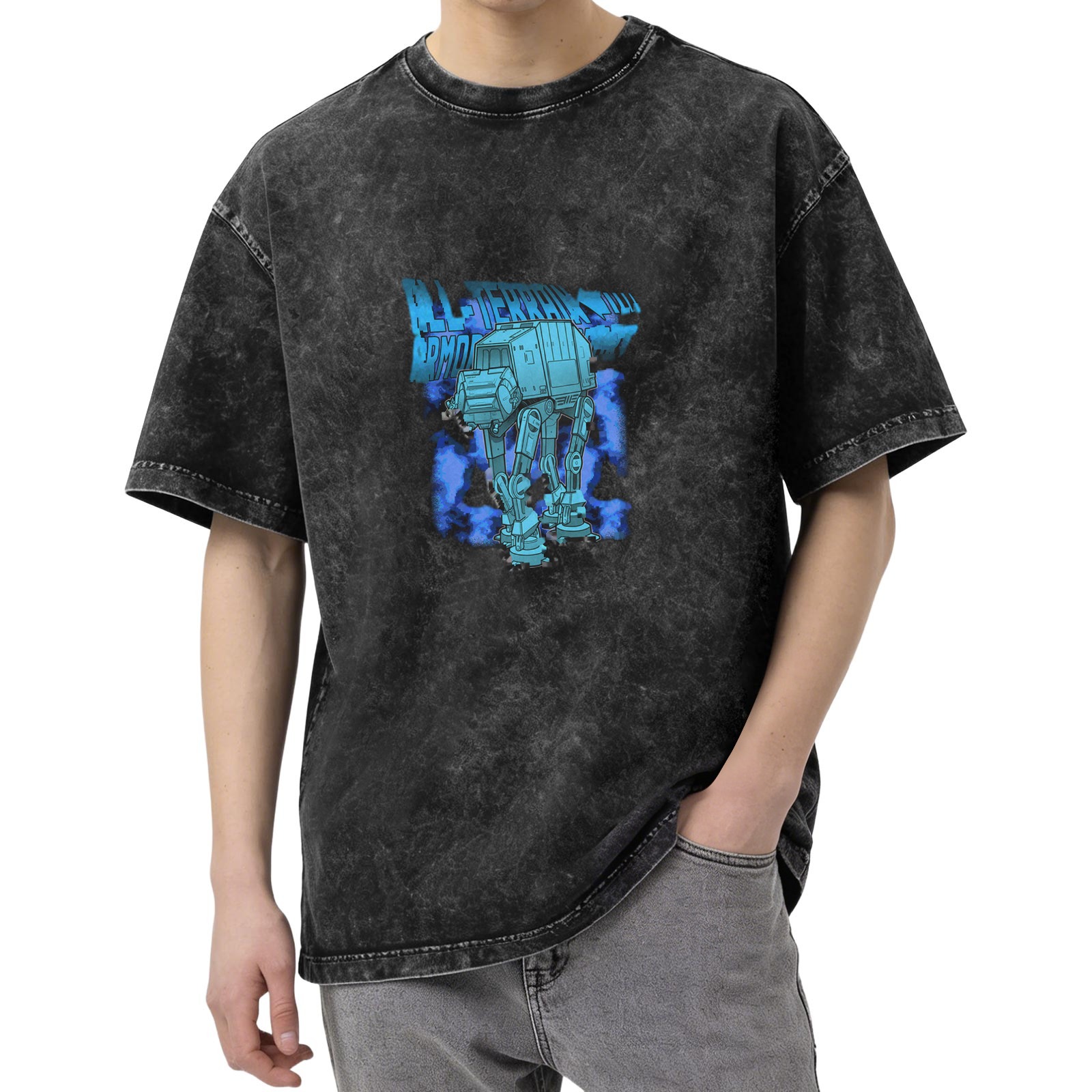 Washed Black T-Shirt With Star Wars AT-AT Walker Graphic