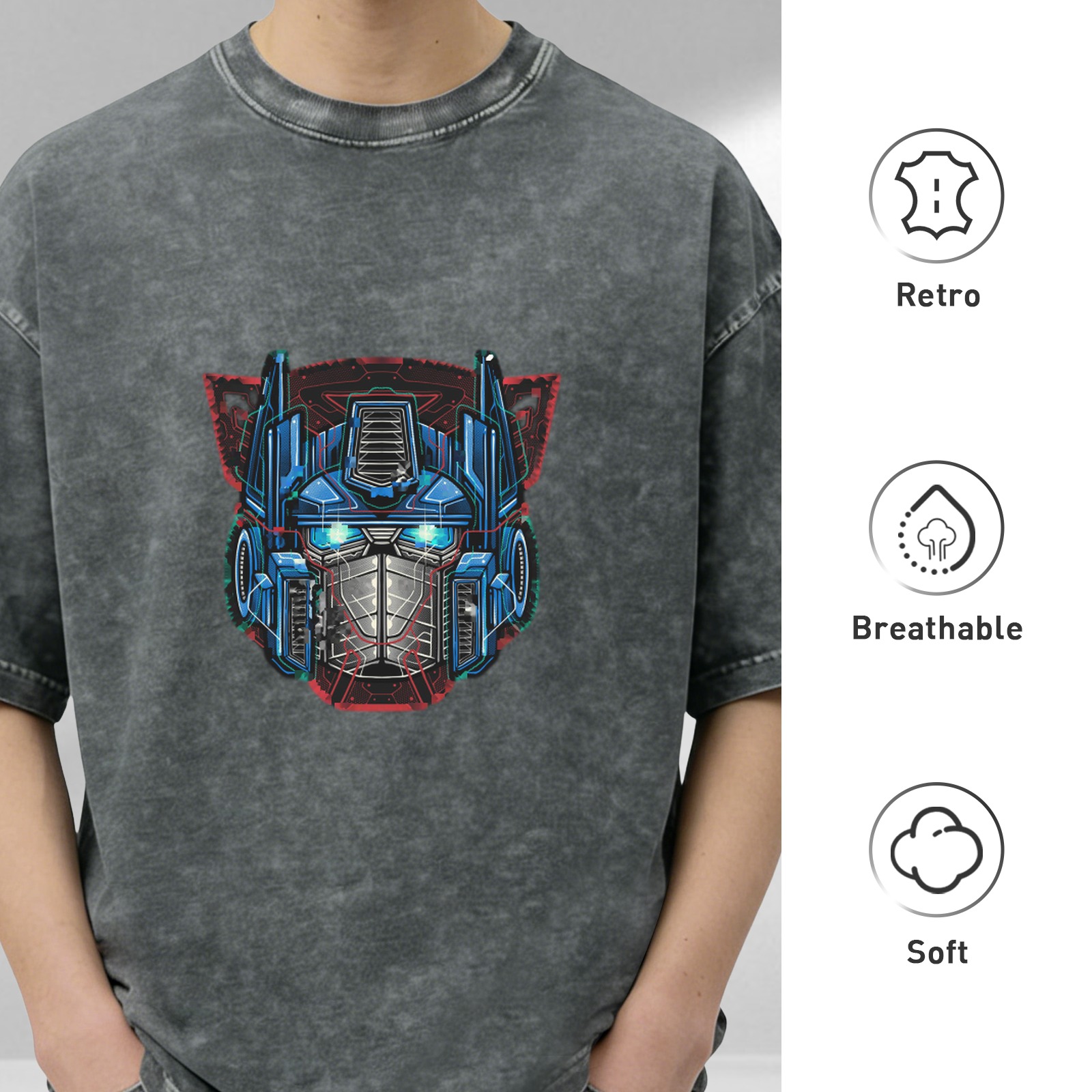 Washed Black T-Shirt With Robot Head Graphic Print