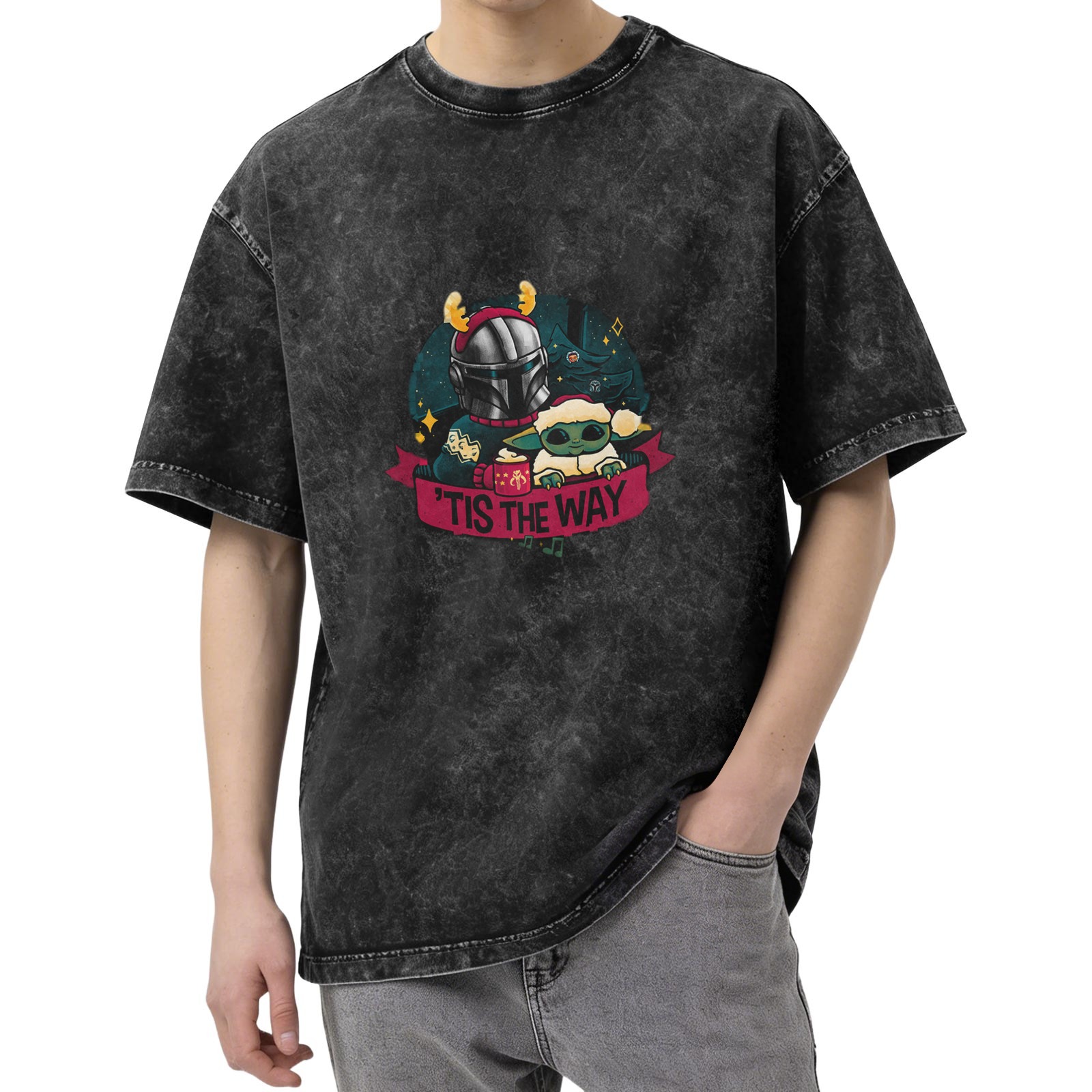Star Wars Mandalorian & Grogu 'Tis The Way Christmas Graphic Oversized Stone Wash T-Shirt