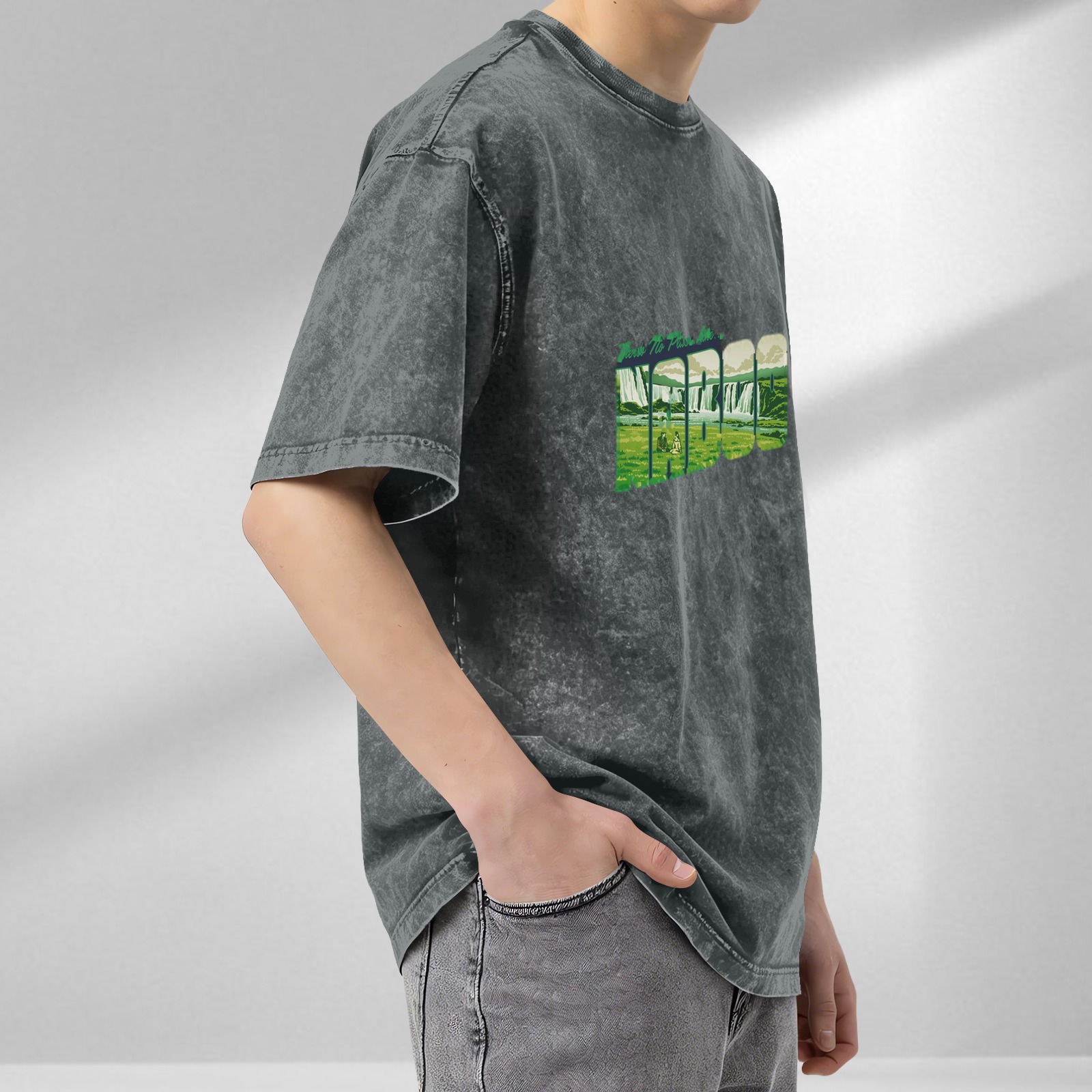 Oversized Acid Wash T-Shirt With Waterfall Landscape Graphic