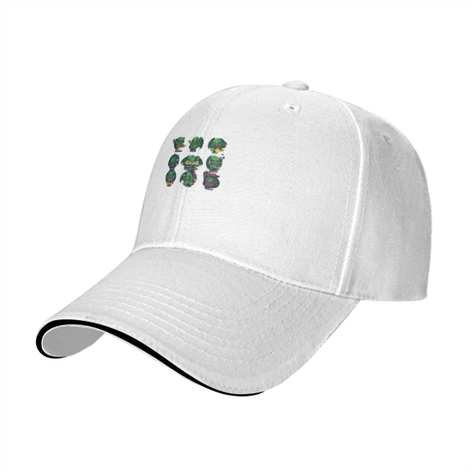 Black baseball cap with small green character grid print