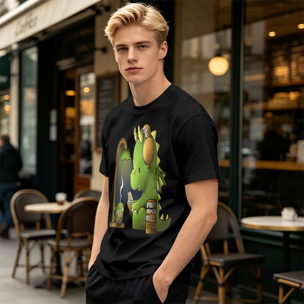Olive T-Shirt with Cute Dragon Reading and Wearing Headphones