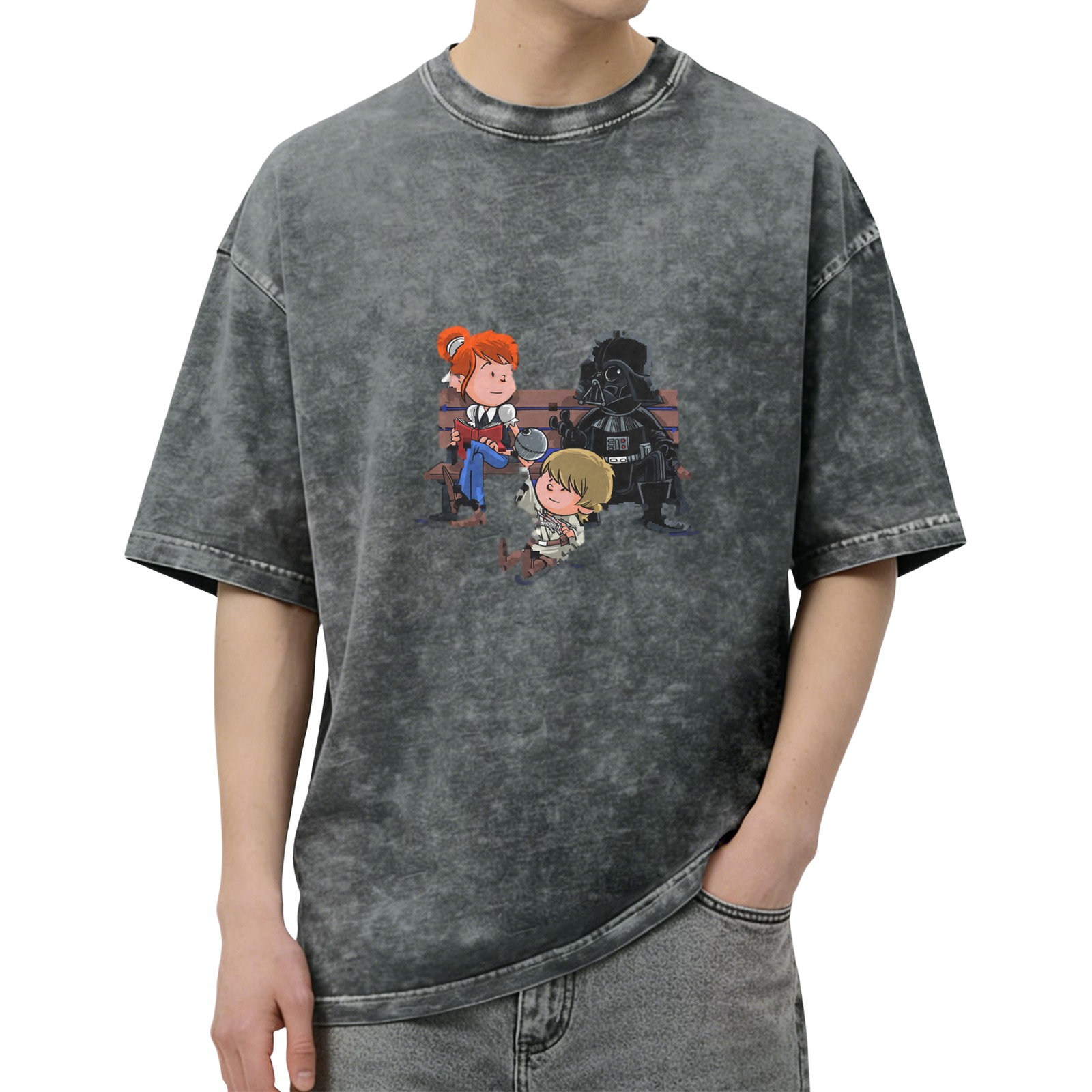 Washed black t-shirt with cartoon Star Wars characters graphic