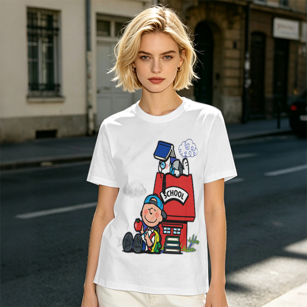 Olive T-shirt with Charlie Brown and Snoopy School Print